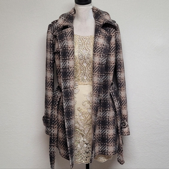 DKNY Retro Y2K Brown Plaid Tweed Double Breasted Belted Midi Peacoat Trench Coat - Picture 11 of 13